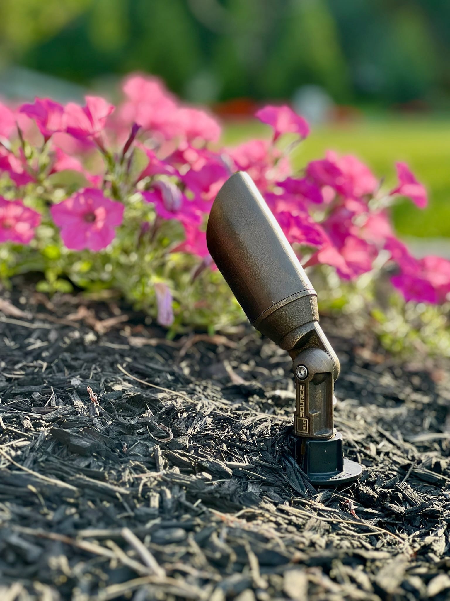Brass landscape uplight installed in a mulch bed